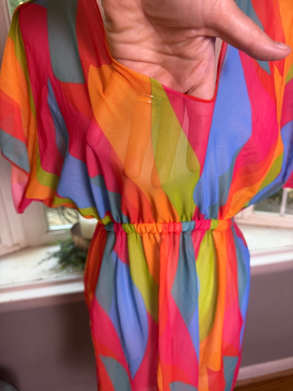 Bright Colorful Sheer Swim Cover Up Mini Dress V-Neck Elastic Waist - Picture 4 of 6